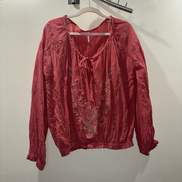 Free People Boho Long Sleeve Blouse-  Maria Lace Embroidered Terracotta- Large - Picture 12 of 15